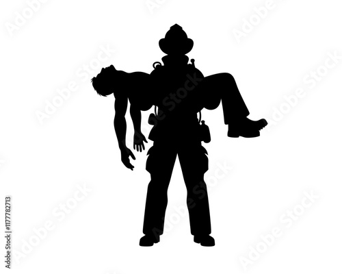  Fireman silhouette lifting an injured person. Clipart image isolated on white background 