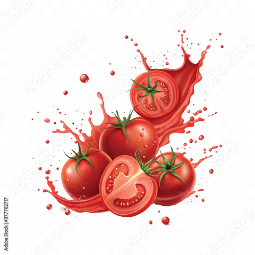 abstract 3d Splashes of tomato ketchup or red liquid tomato juice isolated on white background