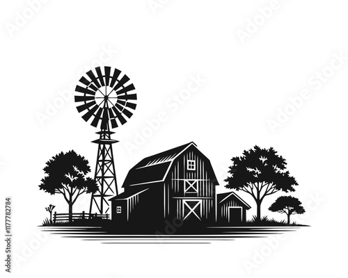  Landscape should include barn, windmill, and few trees, all in minimalistic style. Clipart image isolated on white background 