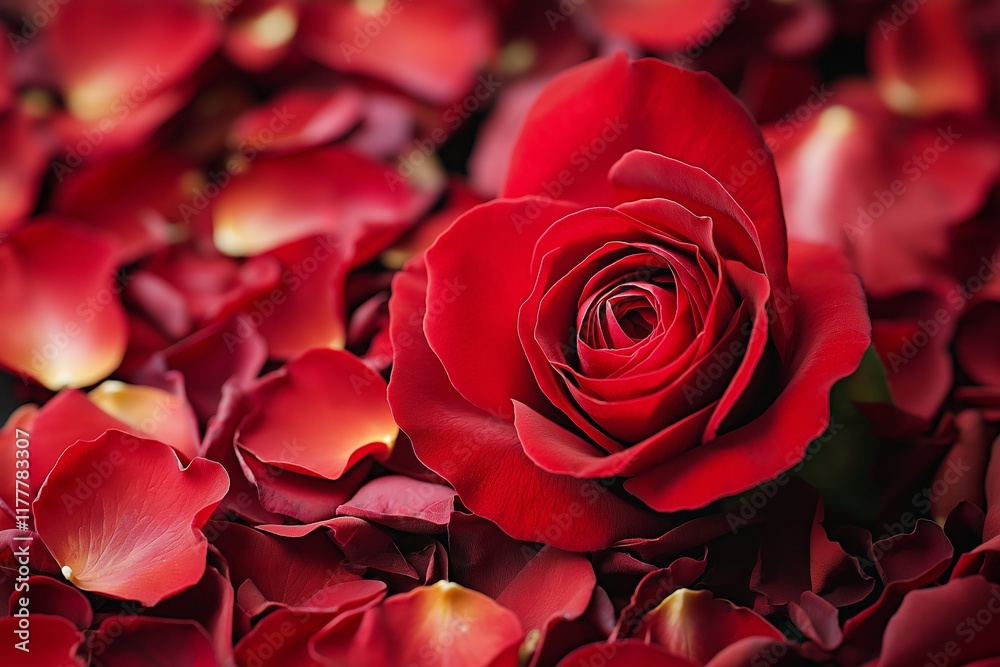 A stunning red rose in focus surrounded by soft petals. A stunning red rose in focus surrounded by soft petals.
