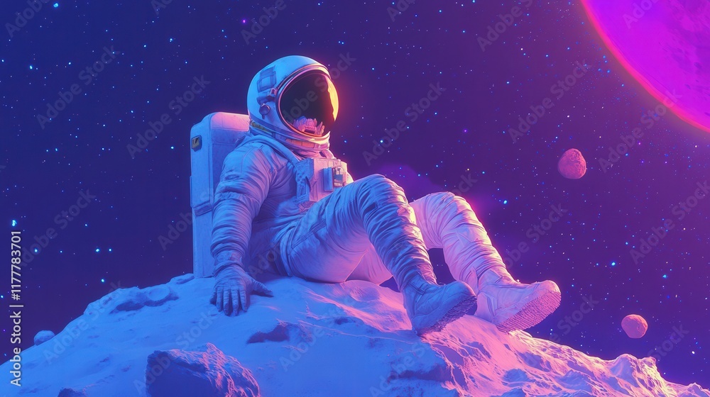 Obraz premium Exploring a distant world, an astronaut sits in awe beneath a vibrant, colorful sky filled with celestial wonders. Generative AI