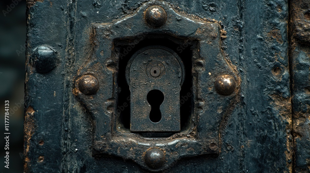 Rusty, aged, ornate metal lock. Rusty, aged, ornate metal lock.