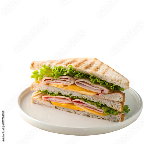 Delicious sandwich with ham, cheese, and fresh vegetables on a plate.