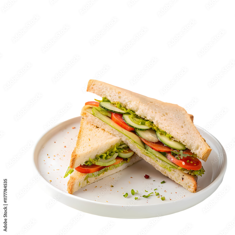 Delicious sandwich with ham, cheese, and fresh vegetables on a plate. Delicious sandwich with ham, cheese, and fresh vegetables on a plate.