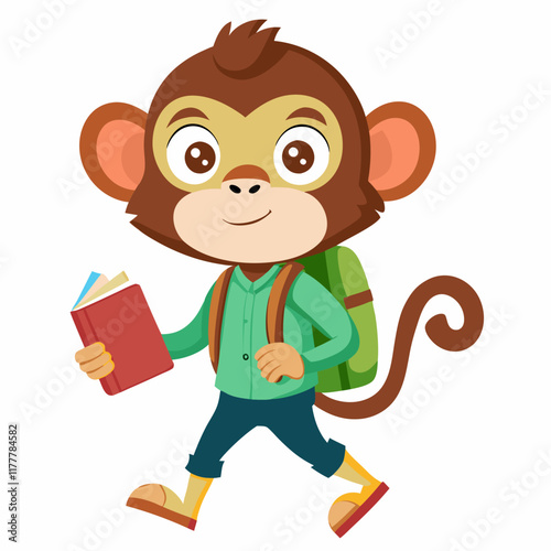 Vector art illustration of a monkey going to school with books in his hands