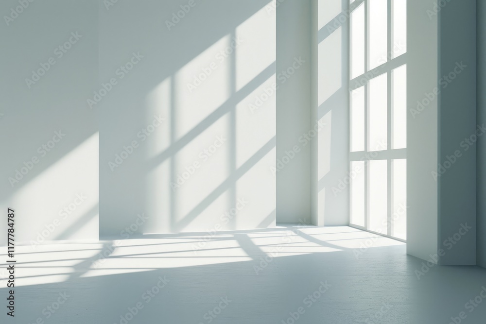 Fototapeta premium Minimalist Product Presentation: Sunlit Empty Room with White Wall and Modern Flooring