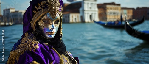 Venetian Carnival Mask: Elegant Woman in Purple and Gold Costume by Canal photo