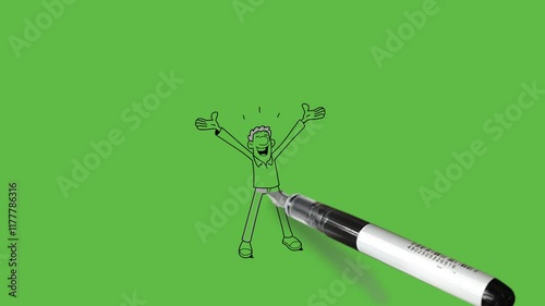 draw happy young man stand straight hold both arms outstretched with open hand upward and straddle legs with black outline on abstract green screen background     
