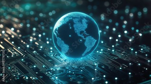 Fototapeta Naklejka Na Ścianę i Meble -  Hologram of planet earth rotating on futuristic circuit board