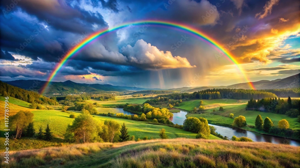 Naklejka premium Summer landscape with a rainbow background. 