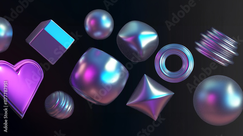 Metallic 3d shapes floating on dark background, abstract composition