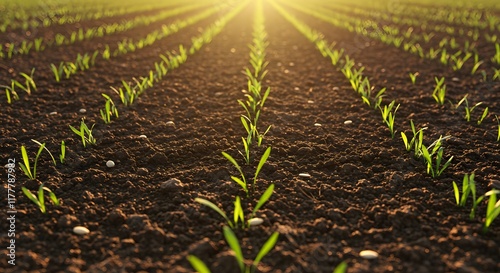 Seeds scattered on fertile soil under radiant sun with sprouts symbolizing spiritual growth