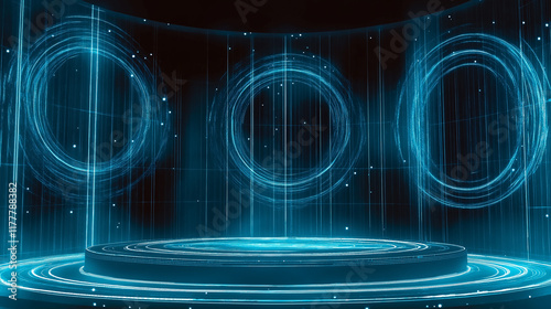 Futuristic glowing blue stage illuminating virtual showroom with digital circles