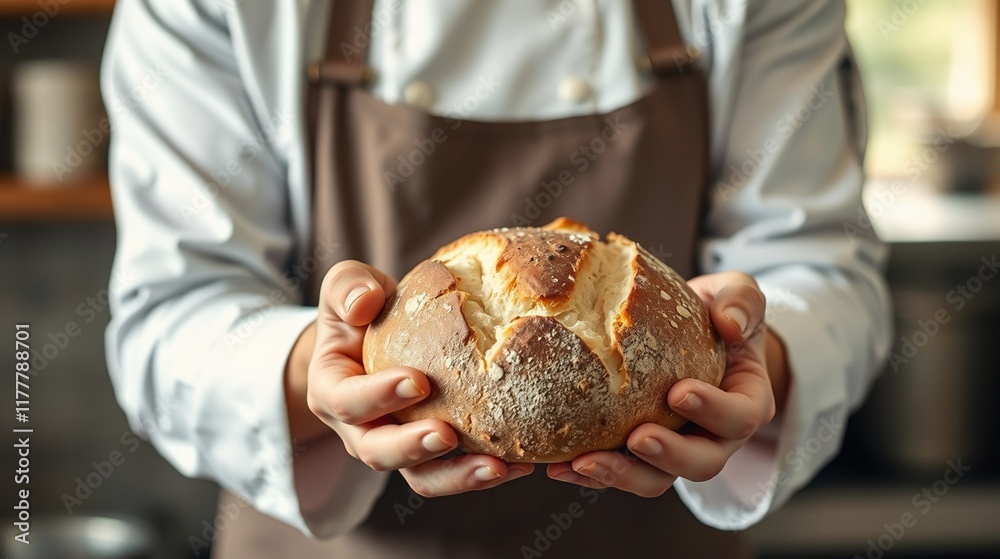 Freshly Baked Artisan Bread in Hands of Chef in Cozy Kitchen Freshly Baked Artisan Bread in Hands of Chef in Cozy Kitchen