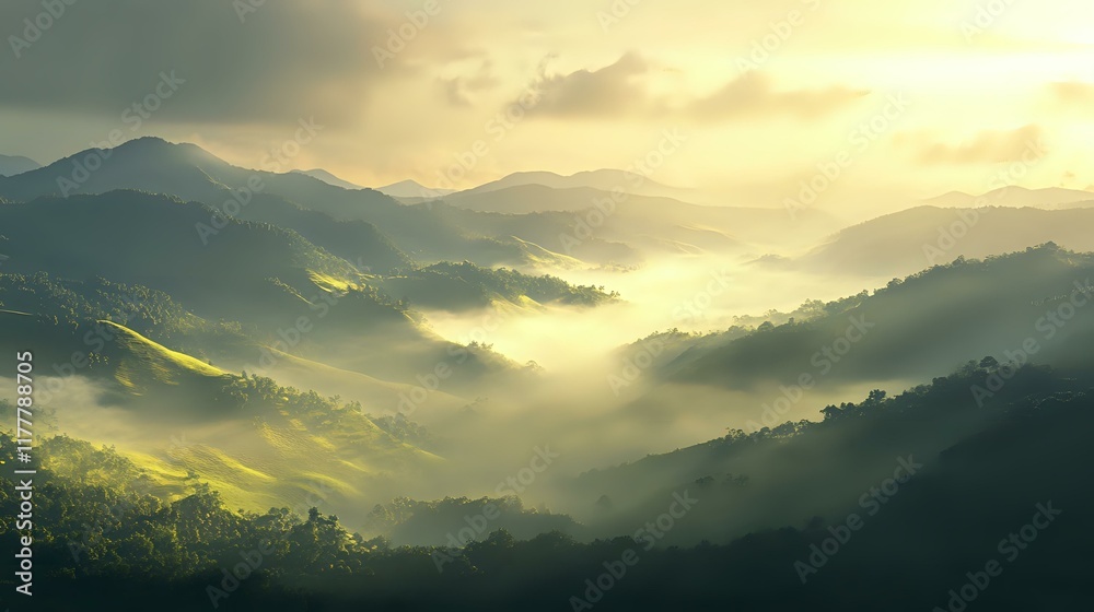 Fototapeta premium Serene morning view of rolling hills covered in mist and illuminated by soft sunlight