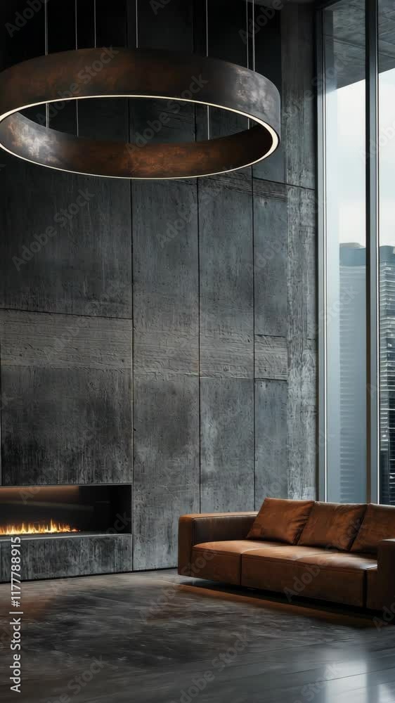 Modern living space with a cozy atmosphere featuring a large window and an elegant fireplace Modern living space with a cozy atmosphere featuring a large window and an elegant fireplace