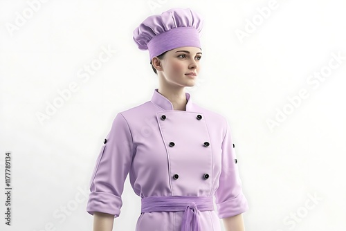 Soft lavender chef uniform template with clean coatee and toque design, isolated view photo