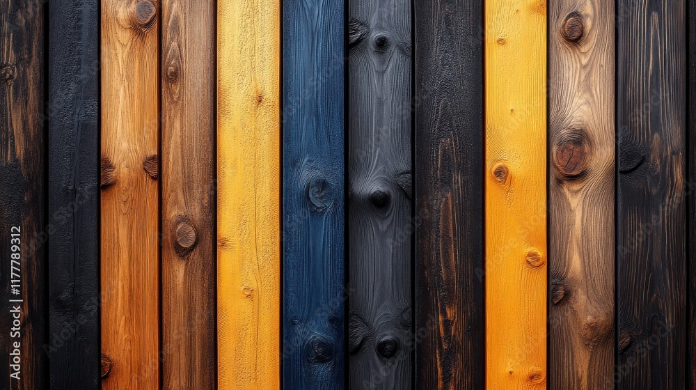 Obraz premium Vibrant and Textured Wooden Planks in Various Shades of Brown, Black, and Yellow, Creating a Unique and Rustic Background for Design and Decoration