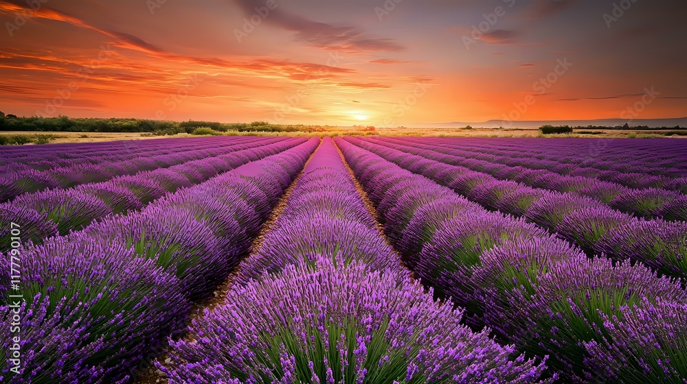 Obraz premium Vibrant lavender field in full bloom under a warm sunset sky