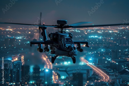 Apache helicopter patrols urban landscape at night aerial view military action high-technology environment photo