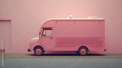 Pink food truck parked on city street, pastel background.