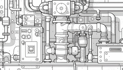Intricate line art of complex machinery with pipes, gauges, and control panels. Ideal for industrial backgrounds, blueprints, or coloring pages.