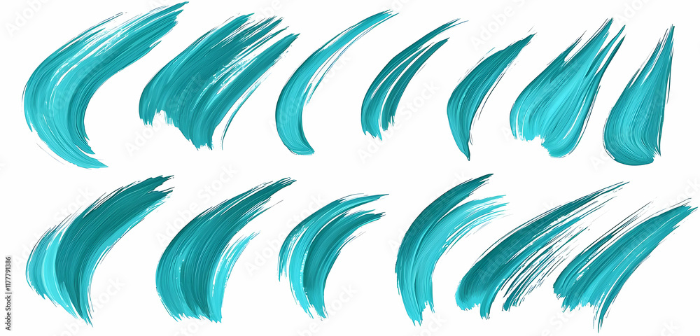 Fototapeta premium A set of expressive turquoise brushstrokes, flowing artistically, isolated on a transparent background.