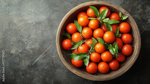 Fresh and Juicy Oranges with Green Leaves in a Wooden Bowl on a Dark Rustic Background Suitable for Healthy Eating and Natural Food Concepts photo