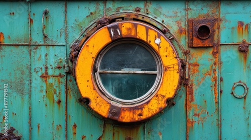 Rusty teal metal exterior with orange life preserver-like porthole.