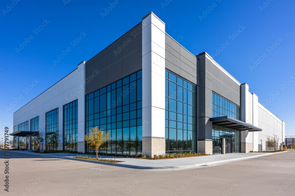 Modern warehouse exterior with glass facade and parking lot under blue sky on sunny day. Contemporary industrial building with large glass windows. Logistics industry