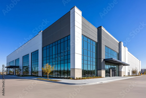Modern warehouse exterior with glass facade and parking lot under blue sky on sunny day. Contemporary industrial building with large glass windows. Logistics industry
