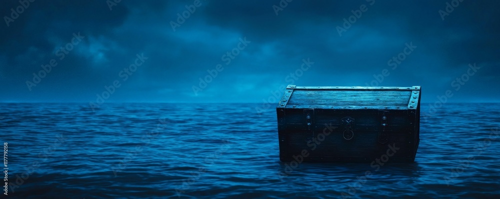 economic and windfall concept. Mysterious box floating in dark blue water under a cloudy sky. economic and windfall concept. Mysterious box floating in dark blue water under a cloudy sky.