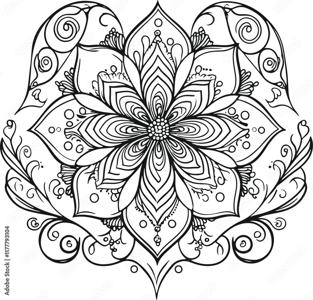 Fototapeta premium Coloring page of a flower design with swirls and dots, in the style of henna tattoo, simple line art, white background, only outlines, vector illustration