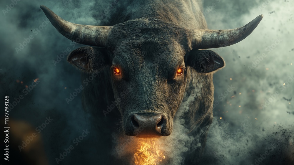 Naklejka premium Powerful Bull with Smoke Pouring from Its Nostrils and Fiery Eyes