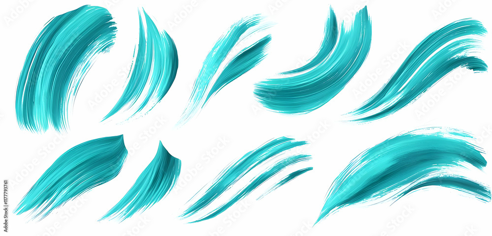 A set of turquoise brushstrokes, flowing freely and expressively, isolated for visual impact. A set of turquoise brushstrokes, flowing freely and expressively, isolated for visual impact.