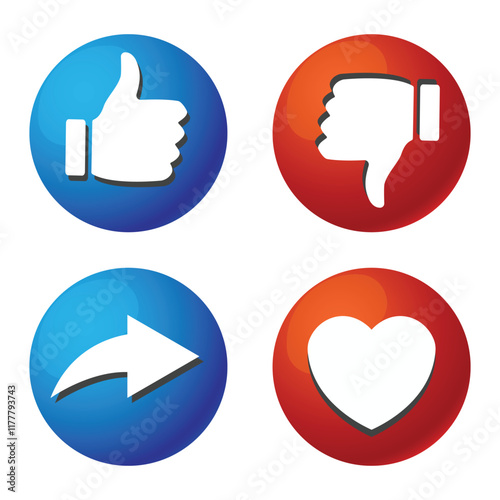 Facebook likes icons. Facebook likes set of thumbs and hearts. Editorial Facebook like icons. Vector icons