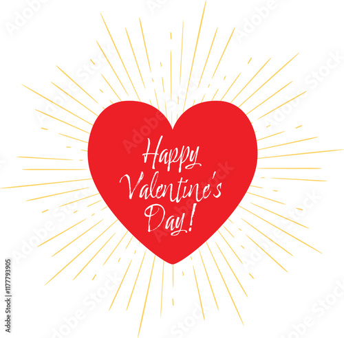 Vector, Happy Valentines Day Heart and Sunburst Graphic with White Type Over a Dark Red Heart Shape Over a Gold Sunburst Rays Graphic