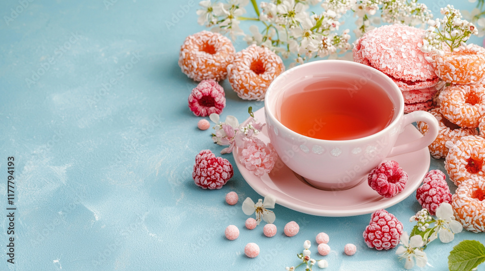 Sweet afternoon tea: pink cup with raspberry macarons and blossoms on blue background Sweet afternoon tea: pink cup with raspberry macarons and blossoms on blue background
