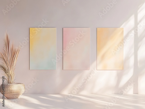 Symmetrical pastel wall mockup with three aligned posters, detailed high-quality render