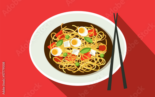 Enjoying a flavorful bowl of Korean ramen with noodles and garnishes on a red background