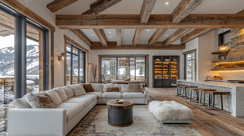 Real estate listing image of luxury mountain home featuring rustic architecture wooden beams a cozy interior with a modern twist