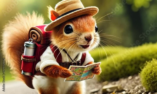 Close up squirrel character walking outdoor holding map and backpack in summer forest hiking and talking