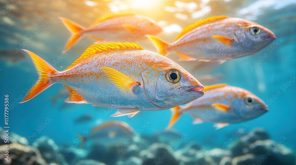 Naklejka premium School of fish swimming underwater in sunlight.