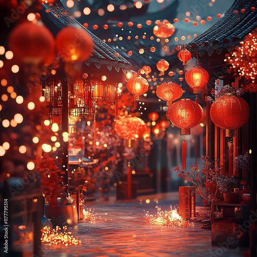 Capture a vibrant scene featuring red lanterns firecrack photo