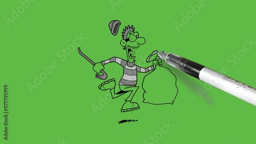 draw cartoon character young man running fast to carry big bag full of luggage in left hand catch tightly and stick in right hand with black outline on abstract green screen background    
