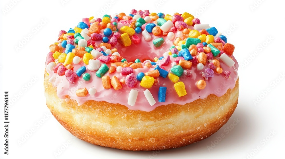 Colorful Frosted Donut with Sprinkles on a White Background for Delicious Treat Inspiration Colorful Frosted Donut with Sprinkles on a White Background for Delicious Treat Inspiration