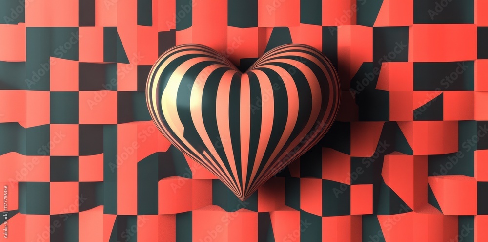 Obraz premium Striped heart on a red and black checkered background