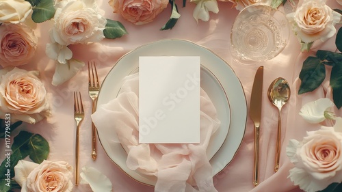 Elegant wedding table arrangement displaying blank card mock up, flat lay blush roses, golden flatware, soft pink runner highlighting romantic reception decor