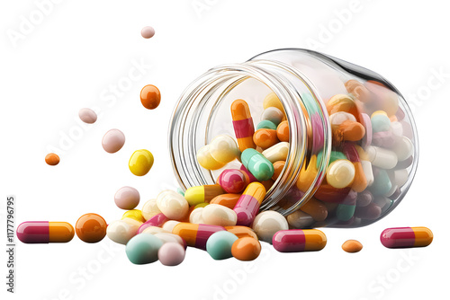 Vitamins bottle with various colorful capsules spilling out, isolated on background.