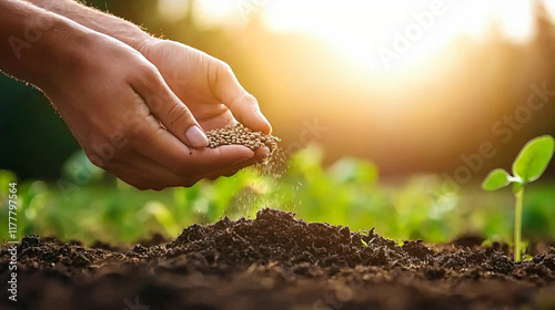 Gentle hands sowing seeds into rich tilled soil in the sun